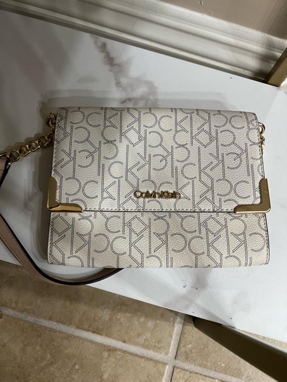 Calvin Klein Cream Monogram Crossbody Bag with Gold Accents - Picture 2 of 5